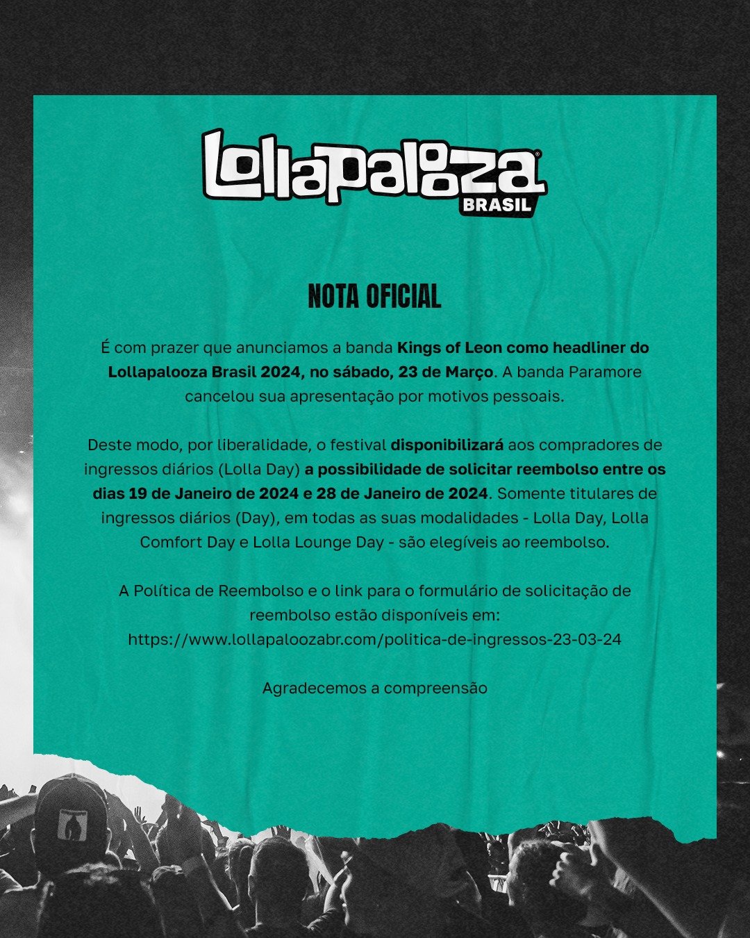 Paramore | Comunicado LollaBR